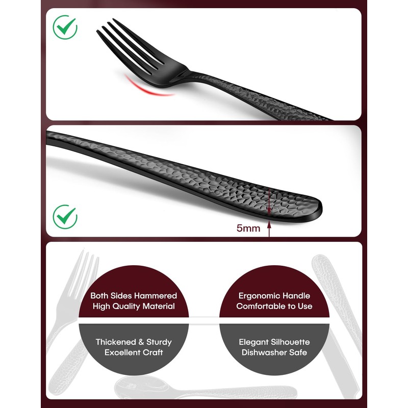 Hammered Black Silverware Set, EUIRIO 48 Pieces Flatware Set for