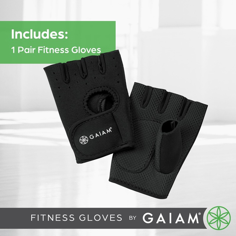 Gaiam Fitness Fingerless Gloves for Weight Training (Black/Black), Padded Palm,