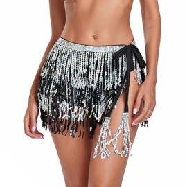 Durio Belly Dance Skirt Sequin Skirt Tassel Fringe Sparkly Skirts Costume Women Belly Hip Scarf Party Festival Outfits for Women Silver Black One Size