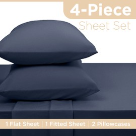 4 Piece Full Cotton Blend Bed Sheets Set | Light Weight, Soft, Breathable Sheets | Brushed Cotton Blend | Secure-Fit, Wrinkle Resistant, Durable, Easy Care Bed Sheets | Comfy Sheets | Navy
