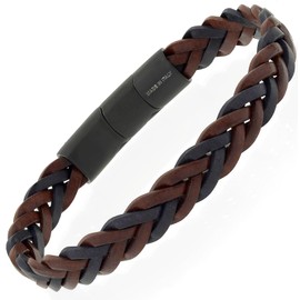 Men's Brown and Blue Leather Bracelet Width 10mm Black PVD Stainless Steel Clasp Adjustable Size Free Gift Box Made in Italy Regolabile, Stainless steel leather, No Gemstone