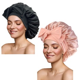 Satin Bonnet Silk Bonnet Hair Bonnet for Sleeping Large Bonnets with Tie Band Hair Wrap with Adjustable Straps Hair Cap Night Sleep Caps for Women Curly Braid Hair(Black,Blush Pink)