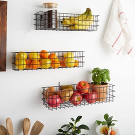 Farmlyn Creek Wall Storage Basket Organizer - Black Metal 3-Piece Set (Small, Medium & Large) - Wire Baskets for Wall - Space-Saving Kitchen & Bathroom Storage