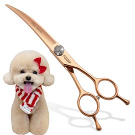 FOGOSP Rose Gold Titanium Curved Dog Grooming Scissors Reverse 7.5'' Downward 30° with Jewelled Screw Japan 440C Professional Pet Grooming Trimming Shears for Dogs Suzhi Teddy(7.5,Curved)