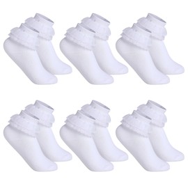Risipu Girls Frilly Socks 6 Pairs | White Frilly Socks with Lace Trim | Girls Socks Size S-XL (1-15 Years) |Party Sock for Dance, Casual and Daily Wear (UK, Age, 10 Years, 15 Years, Regular, white)