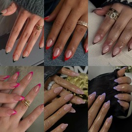 6 Pack French Tip Press On Nails Short Almond, KQueenest Gel French Tip Nails Press ons, Natural Nude Fake Nails Press Ons Design, Classy Glue On Nails for Women Daily Newyear Gift 180 Pcs