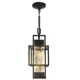 PARTPHONER 15" Dusk to Dawn Outdoor Pendant Light Exterior Hanging Lantern, Modern Black Metal Outside Chandelier Light Fixture Ceiling Mount with Water Glass for Front Porch Entrance Foyer Entryway