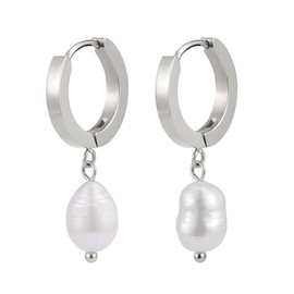 Pearl Earrings with Real Freshwater Pearls - Waterproof - Women's Hoop Earrings in 18 Carat Gold or Silver I Hoop Earrings in Gift Box, Stainless Steel, Freshwater pearls