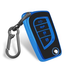 Mild East Car Key Cover for Toyota, Soft TPU Key Fob Cover Compatible with Rav4 Camry Fortuner Tundra Corolla C-HR Highlander, fit for 4 Buttons Foldable Car Key (Black-Blue)
