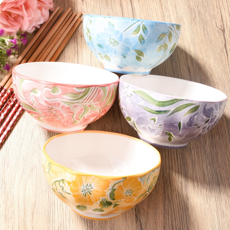 Ceramic Rice Bowl with Chopsticks Set of 4, 4.5'' Cereal