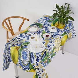 Blue Tiles Lemon Tablecloth, Autumn Fruit Traditional Floral Pattern Table Cover for Party Picnic Dinner Decor, Rectangle(55x55in)
