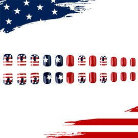 Independence Day Press on Nails Short Square Fake Nails Red Blue False Nails with Star Designs Glossy Stick on Nails 4th of July Acrylic Nails Full Cover Glue on Nails for Women Holiday Gift