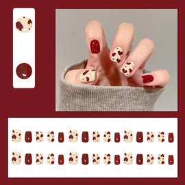 24Pcs Valentines Day Press on Nails Short Square Fake Nails Heart Press ons Red Full Cover False Nails Cute Artificial Nails for Women Valentines Glue on Nails Short Stick on Acrylic Nails Decoration