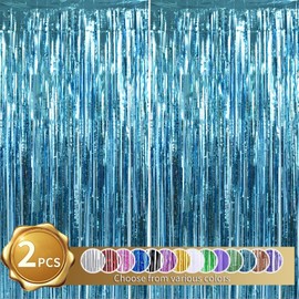 RIBBOOO Pack of 2 Light Blue Tinsel Curtain Glitter Metallic Tinsel Curtain for Party, Birthday, Photo Background, Foil Streamer, Birthday Decoration, Decoration for Disco, Party, Christmas Party (1 x