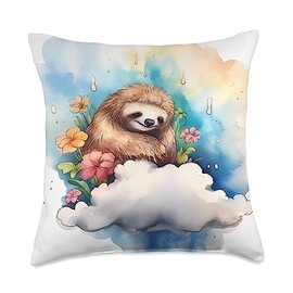 Sloth With Dream Cloud Showing Imagination Sloth Cloud. Sleep, Imagination, Dreaming Throw Pillow, 18x18, Multicolor