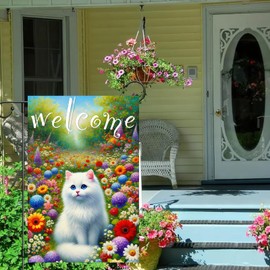 BlissYard Welcome Spring Cat Garden Flag Double Sided 12x18 Inch Cat Garden Flag Small Flag Funny Floral Tulip Cat Flag Vertical Farmhouse Welcome Yard Flag Spring Summer Seasonal Outdoor Porch Decor