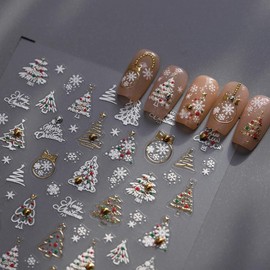 Christmas Nail Art Stickers 5D Embossed Gold Crystal Ball Nail Decals Self-Adhesive Wreath Xmas Tree Snowflakes Nail Stickers for Women Girls Winter Xmas Holiday Manicure DIY Nail Supplies