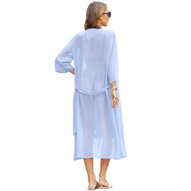 YUNDAI Women's Beach Cover Ups Chiffon Bikini Swimwear 3/4 Sleeve Kimono Open Front Cardigan with Belt, XL Sky Blue