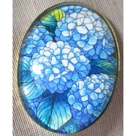 XL GLASS DOME "STAINED GLASS " FLOWER SERIES BUTTON - BLUE HYDRANGEA   1-1/2 IN