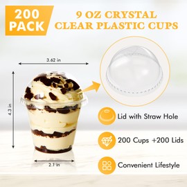 Vplus 200 Pack 9 OZ PET Plastic Cups with Dome Lids, Crystal Disposable Plastic Cups For Parfait, Fruit, Desserts, Snacks, Yogurt, and Jelly