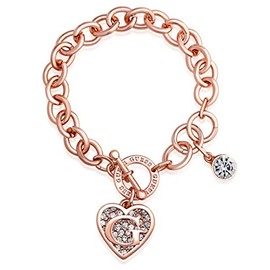 GUESS Rose Gold-Tone Round Link Chain Bracelet with Heart & Logo Charms, One Size, Base Metal, No Gemstone