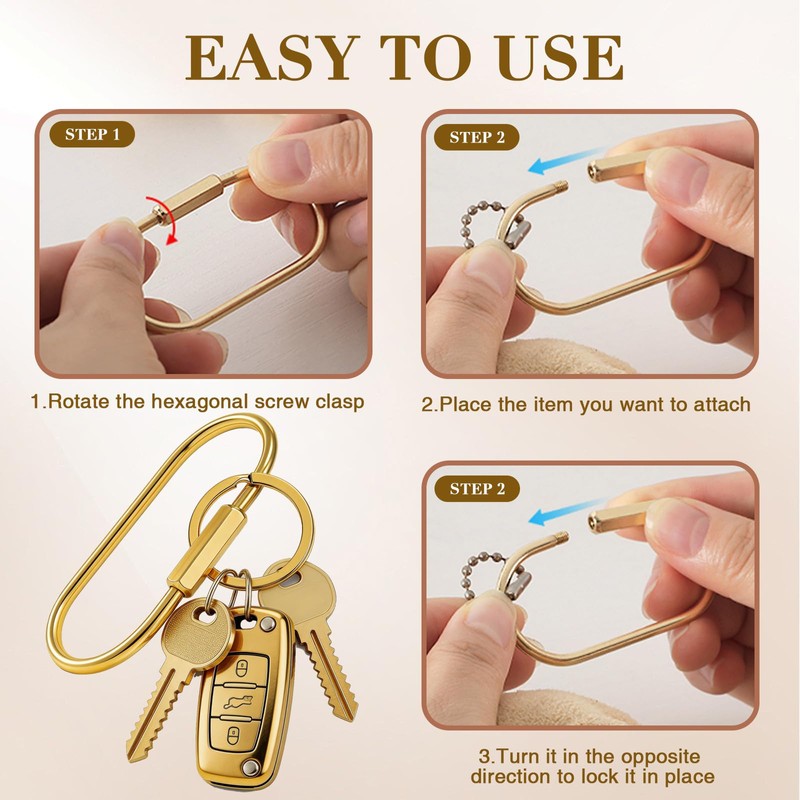 6Pcs Brass Gold Carabiner Oval Key Ring, Anti-Theft Screw Lock