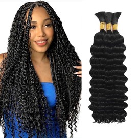 Hailookmey Human Braiding Hair for Boho Braids 150g Deep Wave Human Hair for Braiding 3 Bundles/Pack No Weft Curly Human Hair Extensions for Braids (Natural Black Color,18 Inch)