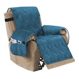 Recliner Sofa Slipcover Slip Resistant Quilted Velvet Plush Recliner Cover Furniture Protector Seat Width Up to 28" Couch Shield 2" Elastic Straps (Recliner, Peacock Blue)