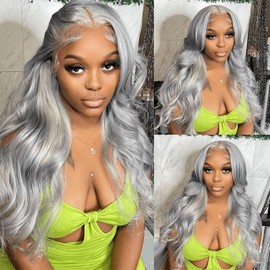 Grey Lace Front Wigs Human Hair Pre Plucked with Baby Hair 180% Density Gray Silver Colored Wear and Go Glueless Wigs Human Hair for Black Women Straight 13x4 HD Lace Frontal Wig 16 Inch