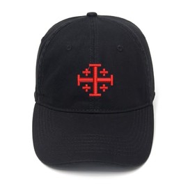 Jerusalem Cross Embroidered Mens Baseball Cap Cotton Washed Baseball Hat (Black)