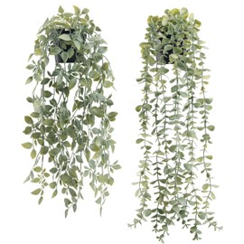 Der Rose 2 Pack Fake Hanging Plants Artificial Decor Faux Potted Eucalyptus and Pea Pod Vine for Bathroom Home Shelf Bookcase Decor