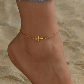 Kyazeo Dainty Cross Ankle Bracelets for Women 18K Gold Plated Tiny Pearl Colorful Beads Beach Summer Simple Foot Jewelry Anklets for Jewelry Gift