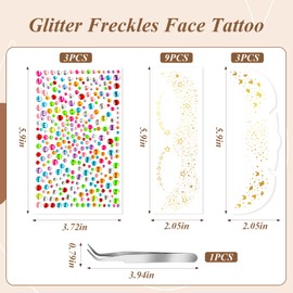 （Stylish）Glitter Freckles Face Tattoo, 12 Pcs gold & Silver Freckles Temporary Face Tattoos with 3 Sheets Face Gems Hair Gems Star Freckles for Women, Concerts Festival Holiday Party Rave Accessories
