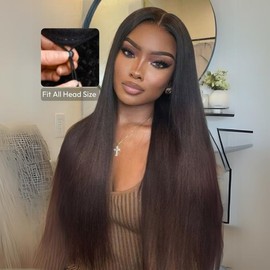 UNICE 【Upgraded Drawstring 】UNice Upgrade EasiContour V Part Wigs Ombre Chestnut Brown Yaki Straight Glueless 100% Human Hair Wigs No Stocking Cap Natural Looking Easy Install - Density: 180%, Length: 20