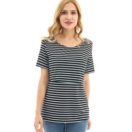 Bearsland Women's 3 Packs Maternity Nursing Tops Short Sleeve Breastfeeding Shirts,grewitstpblkwitstpgreenstp,L