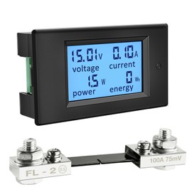 DC Battery Monitor Meter,0-100V,0-100A, Widely Applied to 12V/24V/48V RV/Car Battery, LCD Display, Digital Current Voltage Solar Power Meter (Meter+100A Shunt)