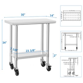 HARDURA Stainless Steel Commercial Table Prep & Work Table with Casters Heavy Duty Metal Table with Wheels NSF 430 14×30 Inches