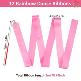 12 Pack Dance Ribbons for Kids, Dance Class, Birthday Party, Gymnastics, Princess Party Favors (Rainbow)