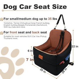 Car Dog Booster Seat,Interior Height 7 Inches Elevated for Small Dog up to 35 lbs,Pet Car Travel Safety Seat with 2 Safety Leashes,Storage Pockets,Non-Slip Bottom(Lookout-Black Outside Brown Inside)