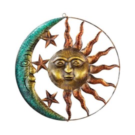 HOMSFOU Sun and Moon Metal Wall Decor 29cm Moon Sun Silhouette Wall Hanging Decoration with Face and Stars