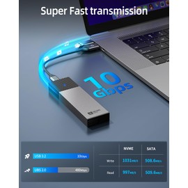 M.2 Enclosure NVMe SSD Enclosure with 10 Gbit/s Transmission (Toolless), USB 3.2 NVME SATA SSD Enclosure Adapter for 2230 2242 2260 2280 M.2 PCIe NVMe M-Key & M+B Key SSD (Tool-Free, 2-in-1 Cable), Grey