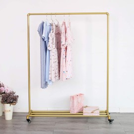 Industrial Clothing Rack on Wheels, Boutique Display Clothes Rack with Shelf, Rolling Garment Rack for Retail Use (Gold)