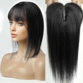 Human Hair Silk Base Topper Clip in 10x13cm Head Top Replacement 30cm Straight Wiglet with Neat Bangs Jet Black
