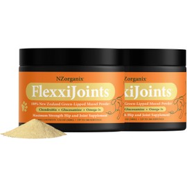 KiwiOrganix NZorganix FlexxiJoints 100% New Zealand Green-Lipped Mussel Powder, Hip & Joint Support Formula for Dogs & Cats, with Glucosamine, Chondroitin 200g (600 Servings) 2-Pack