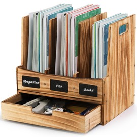Eorbow Wooden Desk File Organizer, Desktop Document Folder Holder with 3 Compartments and 1 Drawer, Desk Organizer Binder Rack with Chalkboard Label, Magazine Storage Box Mail Sorter for Office Home