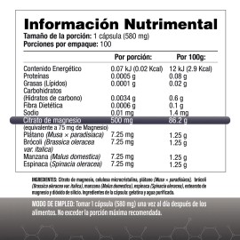 Citrato de Magnesio 500mg - Uno al día - 100 Cápsulas de Fácil Absorción - CITRAMAG S&V - Sin Gluten y Sin OMG
