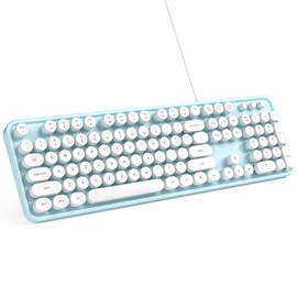MOWUX Computer Keyboard Wired, Plug and Play USB Retro Round Typewriter Keyboard, Full Size Wired Keyboard with Foldable Stands for Laptop and Office PC- Blue&White Colorful