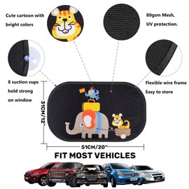 MOVINPE Car Sun Shade for Baby Kids 2 Pack Static Cling Side Window Car 80GSM Rear Sunshades Universal with 8 Suction Cups and Storage Bag - Sun Glare and UV Rays Protection (Elephant & Tiger)