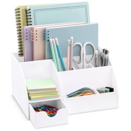 White Desktop Organizer - 9 Compartment Office Desk Accessories Organizer - Pen Holder