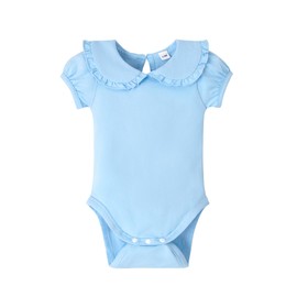 Magic Park 0-24M Infant Girl Puff Sleeve Bodysuit Baby Peter Pan Collar Romper Toddler Ruffle Jumpsuit Casual Tops, Light Blue Short, 6-12 Months